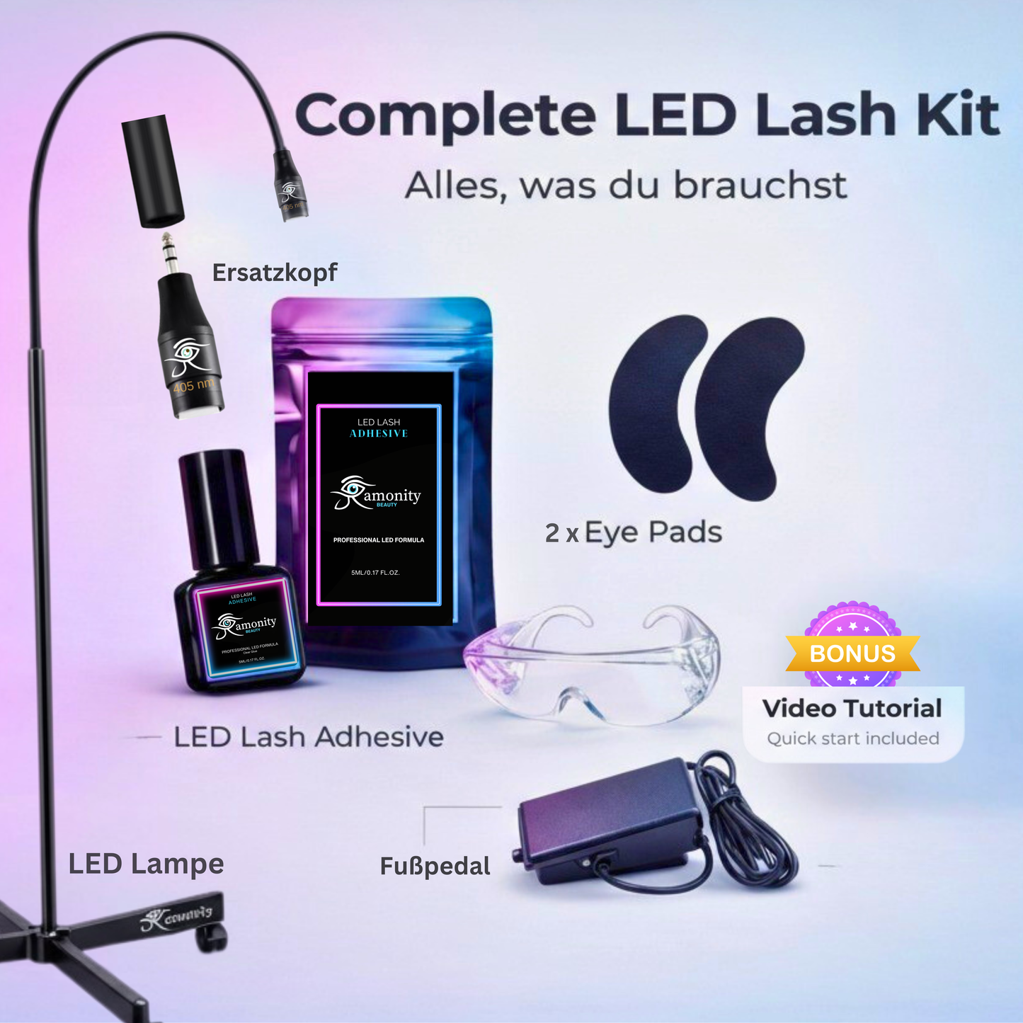 LED Wimpern Lampe + Komplettset inkl. Online Schulung – für LED/UV Wimpernkleber (neueste Generation)
